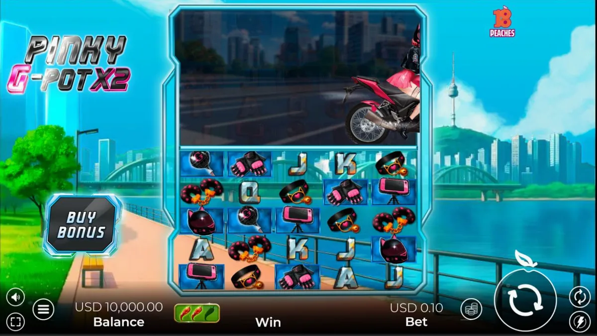 Interface neon vibrante do slot Pinky G-Pot X2 com temática de corrida urbana